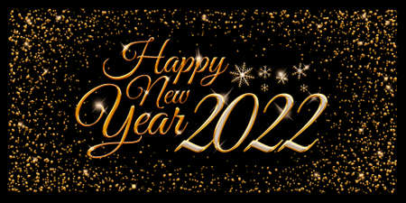 Happy new year 2022. Elegant text with golden letters and snowflakes on a black background with golden particles. Congratulatory picture.の写真素材