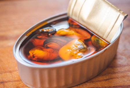 Open can of pickled mussels on a wooden table.の写真素材
