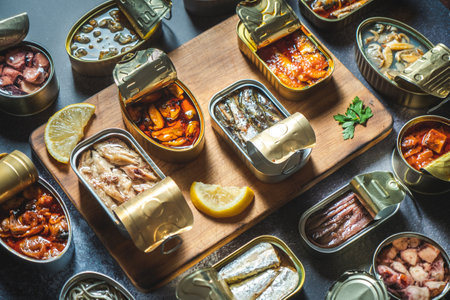 Preserve cans with different products, fish and seafood, natural or pickled, open on a dark table with a wooden cutting board and lemon. Ready to eat.の写真素材