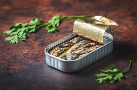 Canned sardines with olive oil open on a dark blue table with lemon and parsley. Ready to eat.の写真素材