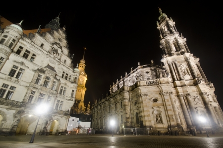Night Scene with the Catholic Church of the Royal Court of Saxony in Dresdenの写真素材