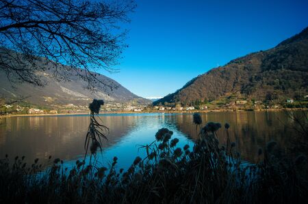 landscape of mountain with tree and lakeの写真素材