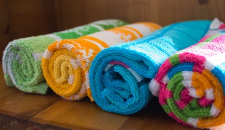 Towels from different colors ready to be usedの写真素材