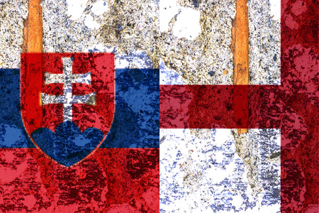 Slovakia and england national flag with old wall textureの写真素材