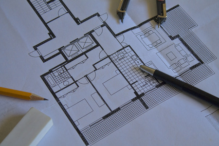 Architect rolls and plans.architectural plan,technical project drawingの写真素材