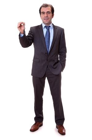 Man showing  keys in hand isolated on white bacgroundの写真素材