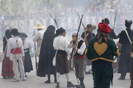 Madrid,Madrid/Spain;04-30-20213 recreation of the battle of the Plaza de Oriente in 1808 of the town against the French troops.のeditorial素材