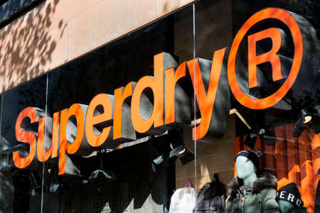 Madrid, Spain - MARCH 7, 2020: Superdry logo on Superdry store. Superdry is a UK branded clothing...