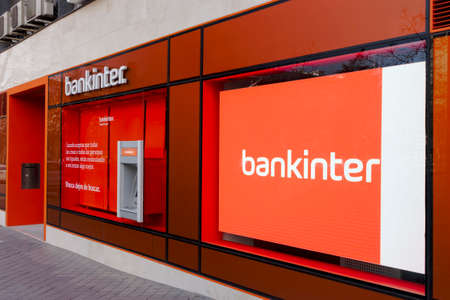 Madrid, Spain - MARCH 7, 2020: Bankinter logo on Bankinter's bank branch office. Bankinter is a spanish bank founded in 1965のeditorial素材