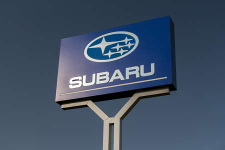 Leganes, Spain - SEPTEMBER 1, 2018: Subaru dealership sign against blue sky. Subaru is a Japanese automobile manufacturerのeditorial素材