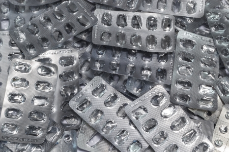 Closeup stack of empty blister package pillsの写真素材