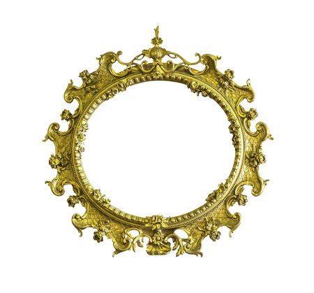 Antique golden ellipse frame isolated on white with clipping pathの写真素材