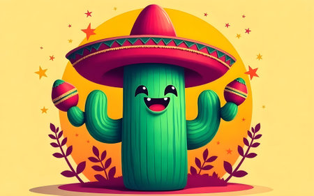 "A cheerful cactus wearing a sombrero and shaking maracas celebrates with vibrant energy." Generative AIの写真素材