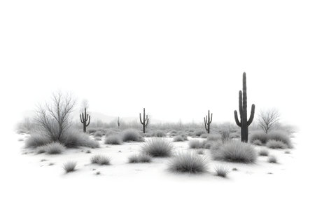"A tranquil black and white scene of a desert landscape featuring saguaro cacti, sparse vegetation, and a hazy atmosphere, evoking a sense of calm and solitude."の写真素材