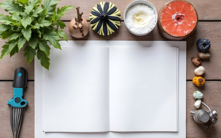 "An open sketchbook lies on a wooden surface surrounded by a small potted plant, various textured objects, paint, and art supplies, suggesting a creative process in progress."の写真素材