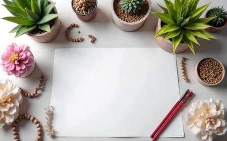 A clean white desk is adorned with an assortment of potted succulent plants, delicate pink and...