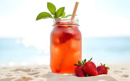 "Enjoying a vibrant and thirst-quenching strawberry and mint drink on the sandy shores with the turquoise ocean in the background."の写真素材