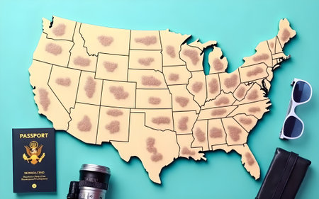A wooden map of the United States with fuzzy patches indicating visited states, accompanied by a...