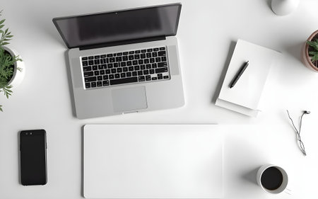 Minimalist Workspace with Laptop and Coffee
Caption: A clean and organized white desk featuring a...