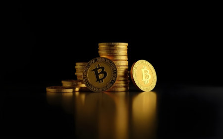 The image features a collection of golden coins, prominently displaying the Bitcoin symbol, set...