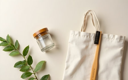A flat lay composition showcases a commitment to sustainability with a reusable canvas bag, a wooden toothbrush, an empty glass jar with a wooden lid, and fresh green leaves, arranの写真素材