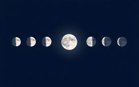 A minimalist arrangement showcasing five distinct phases of the moon against a deep, dark blue background, illustrating its cyclical illumination.の写真素材