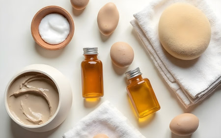 An overhead flat lay display of natural skincare ingredients and spa essentials, featuring small bottles of amber liquid (possibly oil or honey), various textures of creams and masの写真素材
