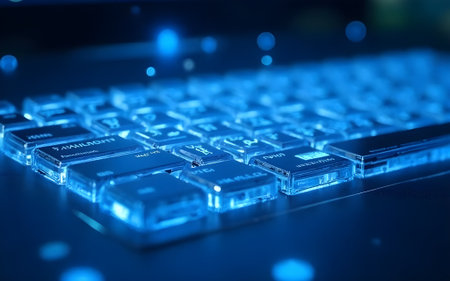 A close-up shot of a computer keyboard illuminated with a vibrant blue glow, accompanied by floating...