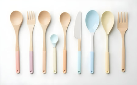 An overhead shot of a modern collection of various-sized wooden spoons, forks, knives, and spatulas, each featuring a pastel-colored handle in soft pink, lavender, peach, light blue, and pale yellow. They are neatly arranged in a row on a clean white background, conveying simplicity, visual comfort, and minimalist kitchen aesthetics.の写真素材