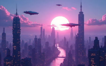 A panoramic view of a futuristic mega-city at dawn or dusk, featuring towering skyscrapers under a beautiful pink and purple sky with a large, bright white sun or moon. Sleek flying vehicles are seen traversing above the buildings, depicting a high-tech urban lifestyle with a surreal atmosphere.の写真素材