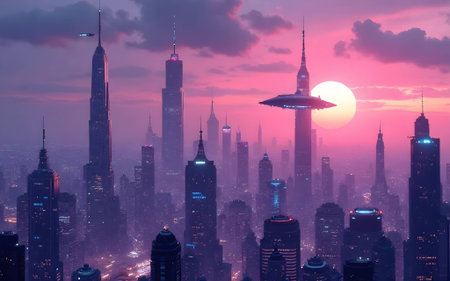 A vibrant image of a futuristic city skyline at dusk, bathed in purple and pink hues, featuring...