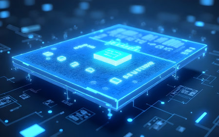 A 3D render of a glowing blue microchip or CPU mounted on an electronic circuit board with...