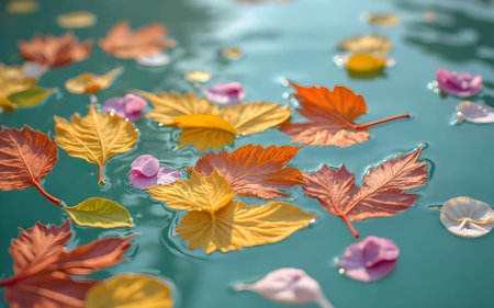 A soft watercolor painting depicting fallen orange, yellow, red leaves and pink flower petals gently...