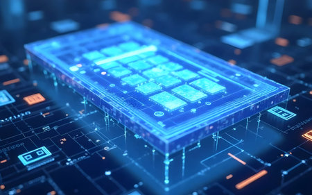 A conceptual image of a glowing blue holographic or 3D simulated smartphone, intricately displaying its internal electronic circuit board and chips, indicative of future technology and digital innovation.の写真素材