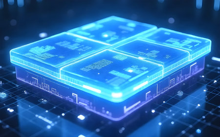 A low-angle shot of a large, glowing blue computer chip composed of four main segments, each...