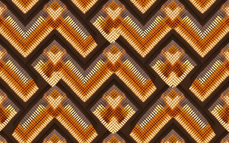 A repeating surface image of a zigzag and diamond-shaped pattern in dark brown, orange, and yellow...