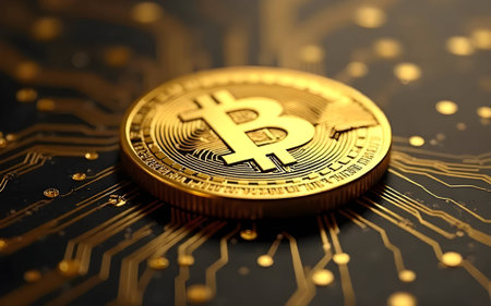 A golden Bitcoin coin resting on a glowing black and gold electronic circuit board background,...