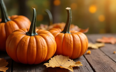 A cluster of vibrant orange mini pumpkins arranged on a rustic wooden table, with scattered dry yellow leaves. Warm light illuminates the scene from behind, creating a cozy and festive autumn atmosphere. Ideal for illustrating Halloween, Thanksgiving, or seasonal agricultural produce concepts.の写真素材