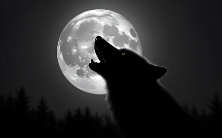 Silhouette of a lone wolf howling at a brightly glowing full moon in a dark night sky, with a subtle...