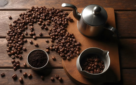 Top-down view of roasted coffee beans, fine ground coffee in a bowl, and a stainless steel pour-over kettle on a dark wooden surface, illustrating essential steps in fresh coffee preparation with a warm and aromatic ambiance.の写真素材