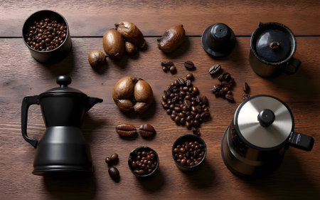 Top-down view of roasted coffee beans and black coffee brewing equipment meticulously arranged on a...