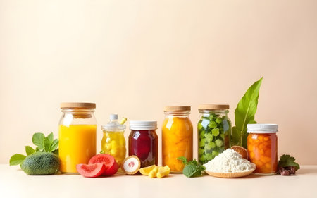 A horizontal stock photograph showcases a row of various-sized clear glass jars filled with an assortment of preserved fruits and vegetables, such as orange juice, pickled fruits in syrup, dark purple jam, pickled yellow vegetables, pickled green leafy vegetables, and baked beans in tomato sauce, all arranged on a light-colored surface. Fresh produce is placed decoratively in front and beside the jars to highlight the ingredients. The background is a smooth, light pink color. This image conveys the concepts of food preservation, homemade goods, natural products, organic farming, and a healthy lifestyle.の写真素材
