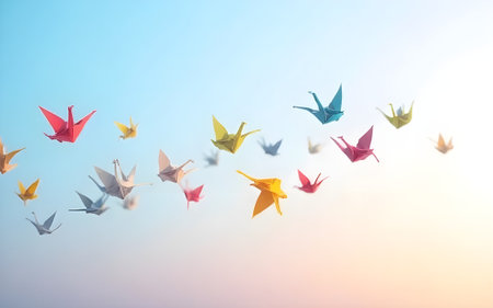 A vibrant flock of colorful origami cranes gracefully flying against a beautifully gradient sky, symbolizing hope, aspirations, and an endless journey.の写真素材