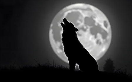 A striking silhouette of a wolf howling, illuminated by the bright full moon on a dark night. This image captures the wild, mysterious, and natural beauty of wildlife, creating a serene yet powerful atmosphere. Ideal for media seeking to evoke a sense of the wilderness, solitude, or intrigue.の写真素材