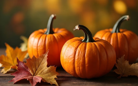 A close-up shot of three vibrant orange small pumpkins arranged on a dark brown wooden surface. Dried red and yellow maple leaves are scattered around them. The blurred background features warm orange and green tones, evoking the atmosphere of autumn, Halloween, Thanksgiving, harvest, and coziness. Ideal for projects related to festivals, seasonal food, home decor, or autumn-themed backgrounds.の写真素材