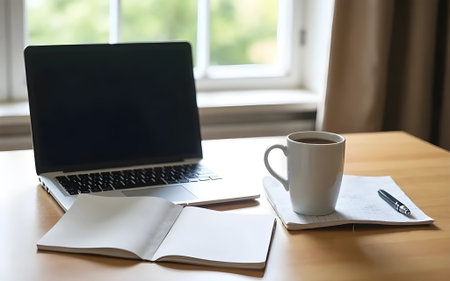A neatly arranged desk with a laptop, notebook, pen, and a cup of coffee, indicating a home office...