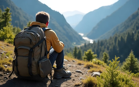 A man with a backpack sitting and admiring a long valley view with a river, representing adventure,...