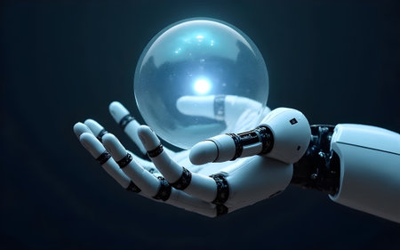 A robotic hand holding a translucent orb with a glowing blue light inside, symbolizing technology,...