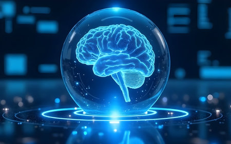 An image featuring a glowing blue human brain encased within a transparent spherical orb, resting on...