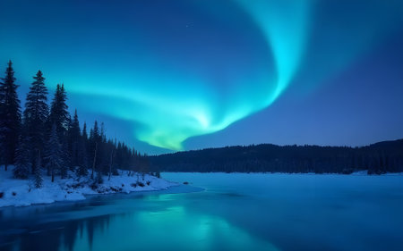 A breathtaking image of the ethereal teal and green aurora borealis gracefully dancing across the night sky, reflected beautifully on the serene surface of a frozen lake. The scene is framed by snow-covered pine forests, creating a magical winter wonderland landscape and a stunning display of nature's light phenomenon.の写真素材